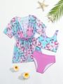 Toddler Girls' Cartoon Printed Bikini Swimsuit Set With Drawstring Waist Kimono Cover-Up
