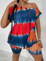 Tie-Dye Plus Size Women's Short Sleeve Top And Shorts Set