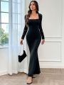 SHEIN Privé Elegant Lace Spliced Square Neck Bodycon Mermaid Dress