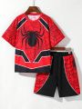 SHEIN Kids HYPEME 2pcs/Set Tween Boys' Casual Spider Element Printed Round Neck Short Sleeve T-Shirt And Patchwork Print Short Summer Outfits