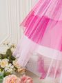 Baby Girl Pink Party Valentine's Day Festival Train Dress With Mesh Overlay, Headband And Detachable Train