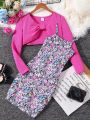 SHEIN Kids EVRYDAY Tween Girl Ditsy Floral Print Cami Dress & Super Crop Top