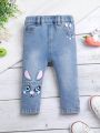 Baby Girls' Cartoon Print Elastic Slim Fit Jeans