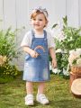 Baby Girls' Sweet And Cute Rainbow Cloud Embroidered Loose And Comfortable Denim Overall Skirt