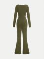 Teenagers' Knitted Square Neck/flare Leg/slim Fit Jumpsuit