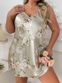 Plus Size Satin Floral Print Cross Strap Backless Cami Nightgown
