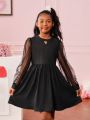 SHEIN Kids Cooltwn Girls' Fashionable Elegant Knitted Round Neck Mesh Panelled Dress