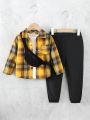 SHEIN Kids EVRYDAY Boys (small) Plaid Shirt And Trousers Two-piece Set