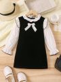 SHEIN Kids CHARMNG Toddler Girls' Color Block Dress With Ruffled Trim & Bow Decoration