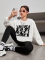Teen Girls' White Casual Round Neck Cartoon Pattern Long Sleeve Sweatshirt, Suitable For Autumn And Winter