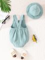 2pcs Baby Boys' Cute Dinosaur Embroidery Pattern Bodysuit With Hat, Summer Romper