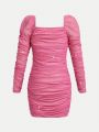 SHEIN Kids Cooltwn Girls' Fashionable Party Knit Solid Color Mesh Yoke A-Line Dress