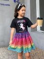 SHEIN Kids Y2Kool Young Girls' Sporty And Sweet Spring/Summer Knit Short Sleeve T-Shirt With Embellished Unicorn Detail, Colorful Skirt Set