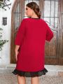 SHEIN Clasi Plus Size Mesh Splice Dress With Ruffled Hem Red Dress