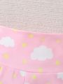 SHEIN Baby Girl Cartoon Graphic Contrast Binding Tee & Cloud Print Pants PJ Set