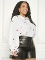 SHEIN CURVE+ Plus Size Women's Long Sleeve Shirt With Heart-Shaped Printed Pattern