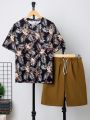 SHEIN Teen Boys' Casual Floral & Plants Print Round Neck Knit Short Sleeve T-Shirt And Solid Color Slant Pocket Woven Shorts 2pcs/Set