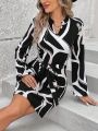 SHEIN LUNE Printed Notched Collar Long Sleeve Dress
