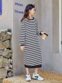 SHEIN Kids EVRYDAY Girls' Knitted Striped Loose Fit Casual Dress With Round Neck