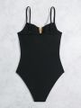 Teenage Girls' V-Neck One-Piece Swimsuit With Metal Buckle Decoration And Pleated Detailing