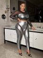 SHEIN SXY Plus Size Women'S Mesh Splice Cropped Top And Leggings Two Piece Set