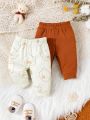 SHEIN 2pcs/Set Cartoon Printed Top & Solid Color Pants For Baby Boys