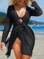 SHEIN Swim Basics Solid Color Sheer Swimsuit Cover Up