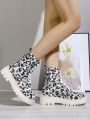 Autumn & Winter Fashionable Simple Leopard Print Women's Short Boots With Thick Soles And Buckle Strap Design