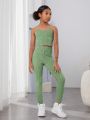 SHEIN Kids Cooltwn Tween Girls' Urban Elegant Solid Color Ribbed Cami Top & Coat & Pants