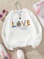 Girls' Casual Round Neck Sweatshirt With Text Print, For Teenagers