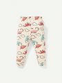 Cozy Cub 4pcs/set Baby Boys' Cartoon Little Dinosaur Patterned Round Neck Top And Long Pants Pajamas
