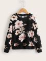 SHEIN Kids EVRYDAY Girls Floral Print Drop Shoulder Sweatshirt