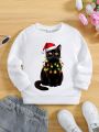 Girls' Casual Cat Cartoon Printed Sweatshirt With Round Neck