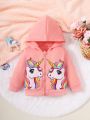 Baby Girls' Rainbow Unicorn Pattern Hooded Jacket With Long Sleeve For Spring And Autumn