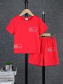 SHEIN Toddler Boys' Letter Print T-shirt And Shorts Set