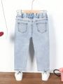Young Girls' Distressed Stretch Denim Pants With Heart Embroidery