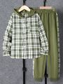 SHEIN Tween Boys Patchwork Plaid Button-Down Hooded Top And Pants Two-Piece Set