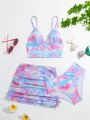 Teen Girls' Spaghetti Strap Vest Style Bikini With Random Print