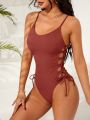 SHEIN Swim BAE Lace Up Side Open Back One Piece Swimsuit New Year