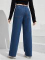 Teen Girls' Basic Casual Daily High-waisted Dark Wash Wide Leg Jeans With Frayed Hem