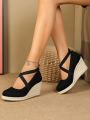 Women's Ankle Strap Espadrille Shoes, Vacation Black Suede Platform Wedges With Rope Sole