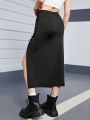 Teen Girl Solid Color High Split Casual Midi Skirt