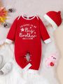 Newborn Baby Boys' Letter Printed Casual Jumpsuit And Hat