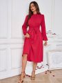 SHEIN LUNE Women'S Long Sleeve Dress With Twisted Neckline And Waist Tie