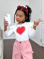SHEIN Kids Cooltwn Girls' Casual Loose Fit Knit Heart Printed Round Neck Long Sleeve T-Shirt For Daily Wear