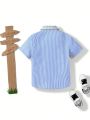 SHEIN Kids Academe Young Boy Preppy Style Contrast Striped Short Sleeve Shirt With Turn-Down Collar