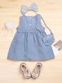 Baby Flap Detail Sleeveless Denim Dress With Accessory Bag