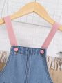 SHEIN Young Girls' Lovely Pink Straps & Cute Printed Denim Dungaree Shorts