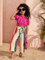 SHEIN Kids Cooltwn Young Girl's Daily Casual Off Shoulder Top And Striped Straight Pants Set