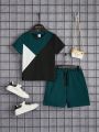SHEIN Kids SPRTY Young Boy Casual Comfortable Colorblock Top & Plain Shorts Set